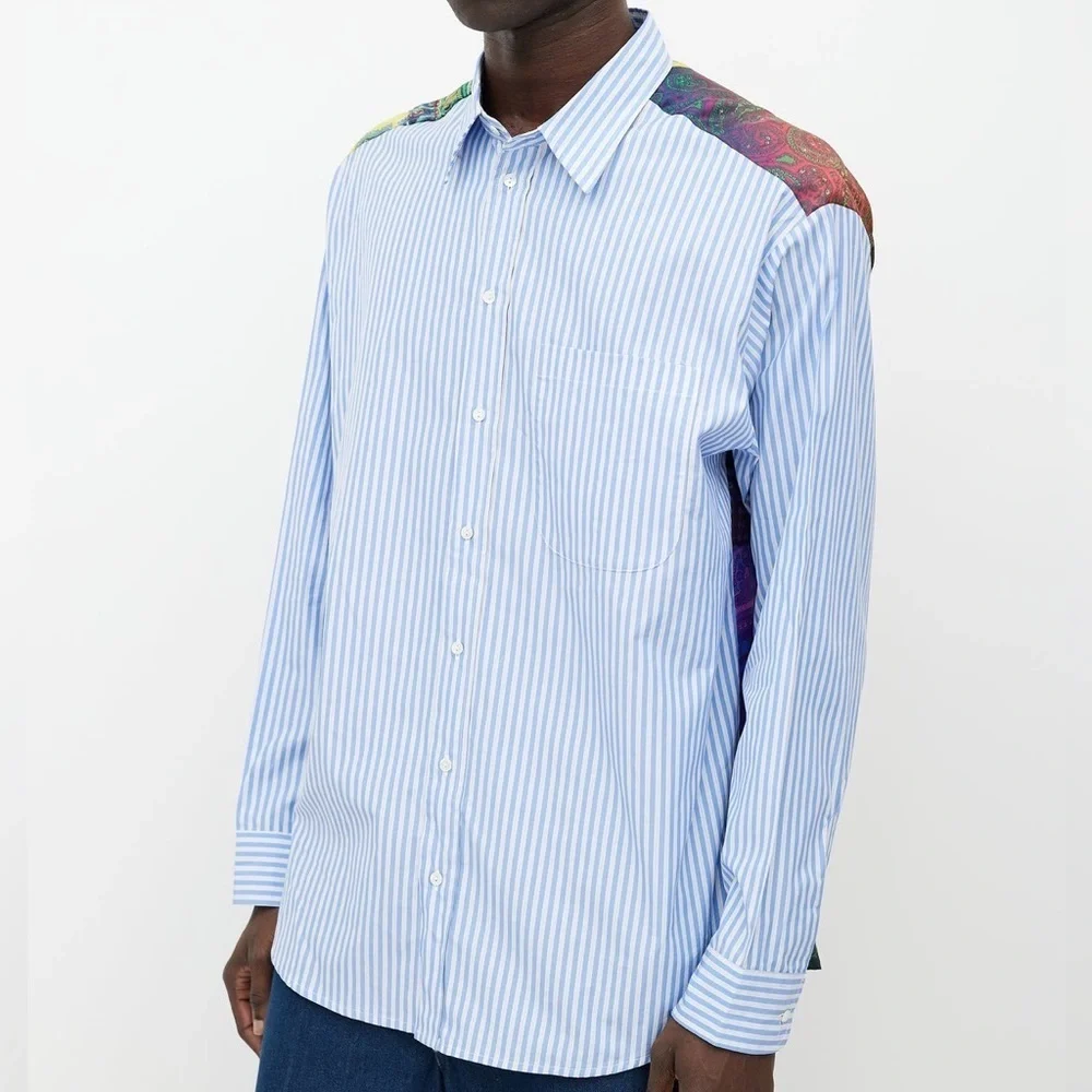 Pierre-Louis Mascia blue stripe cotton silk scarf paisley button down shirt XS